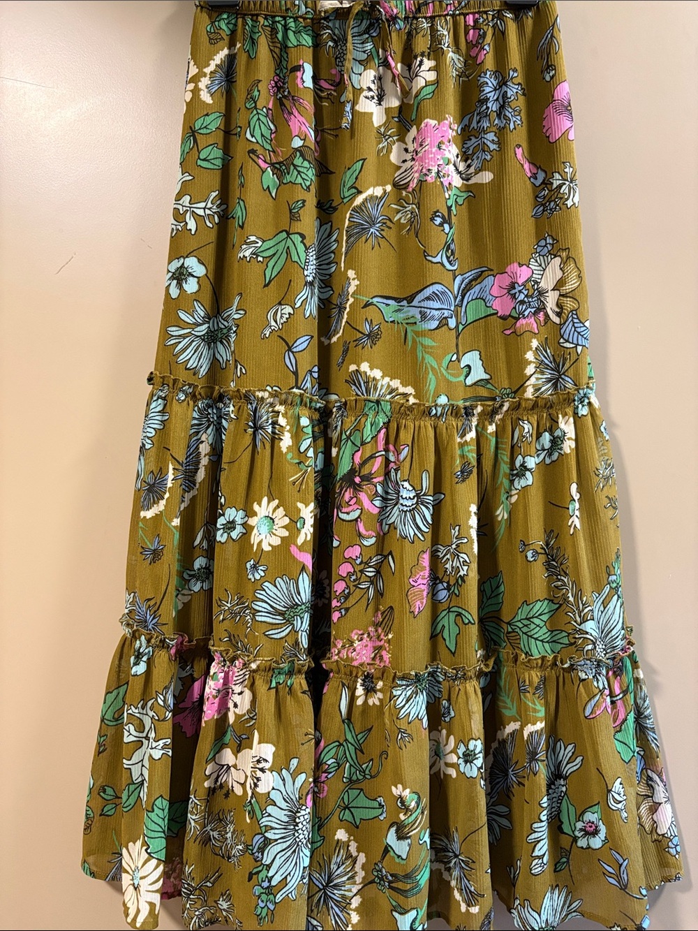 aerie Olive Green and Black Floral Tiered Maxi Skirt